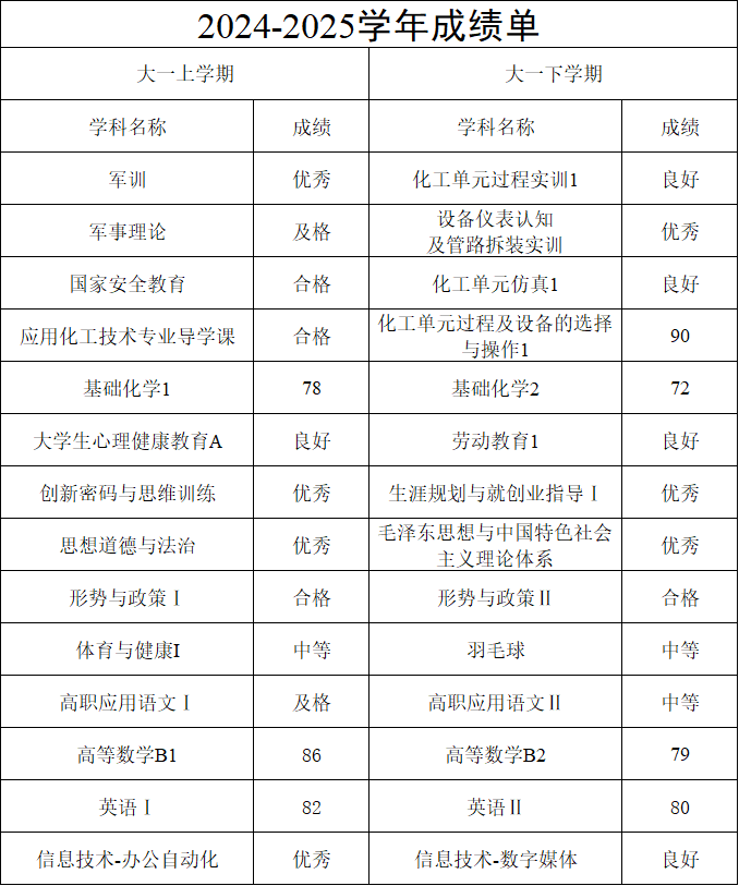 大一课程成绩单
