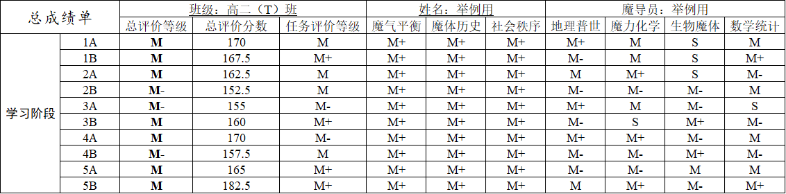 等级举例示意表